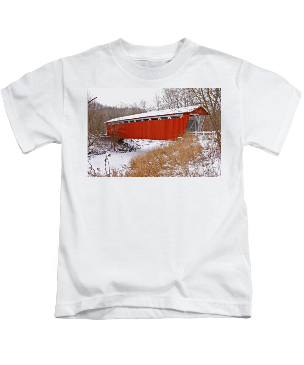 Ohio Kids T-Shirt featuring the photograph Everett Rd. Covered Bridge in Winter by Jack R Perry