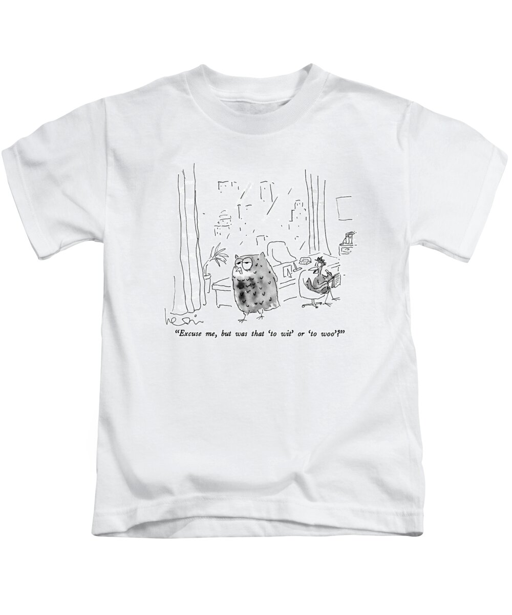 

 Office Setting. Chicken Sits Taking Dictation From Pacing Kids T-Shirt featuring the drawing Excuse Me, But Was That 'to Wit' Or 'to Woo'? by Arnie Levin