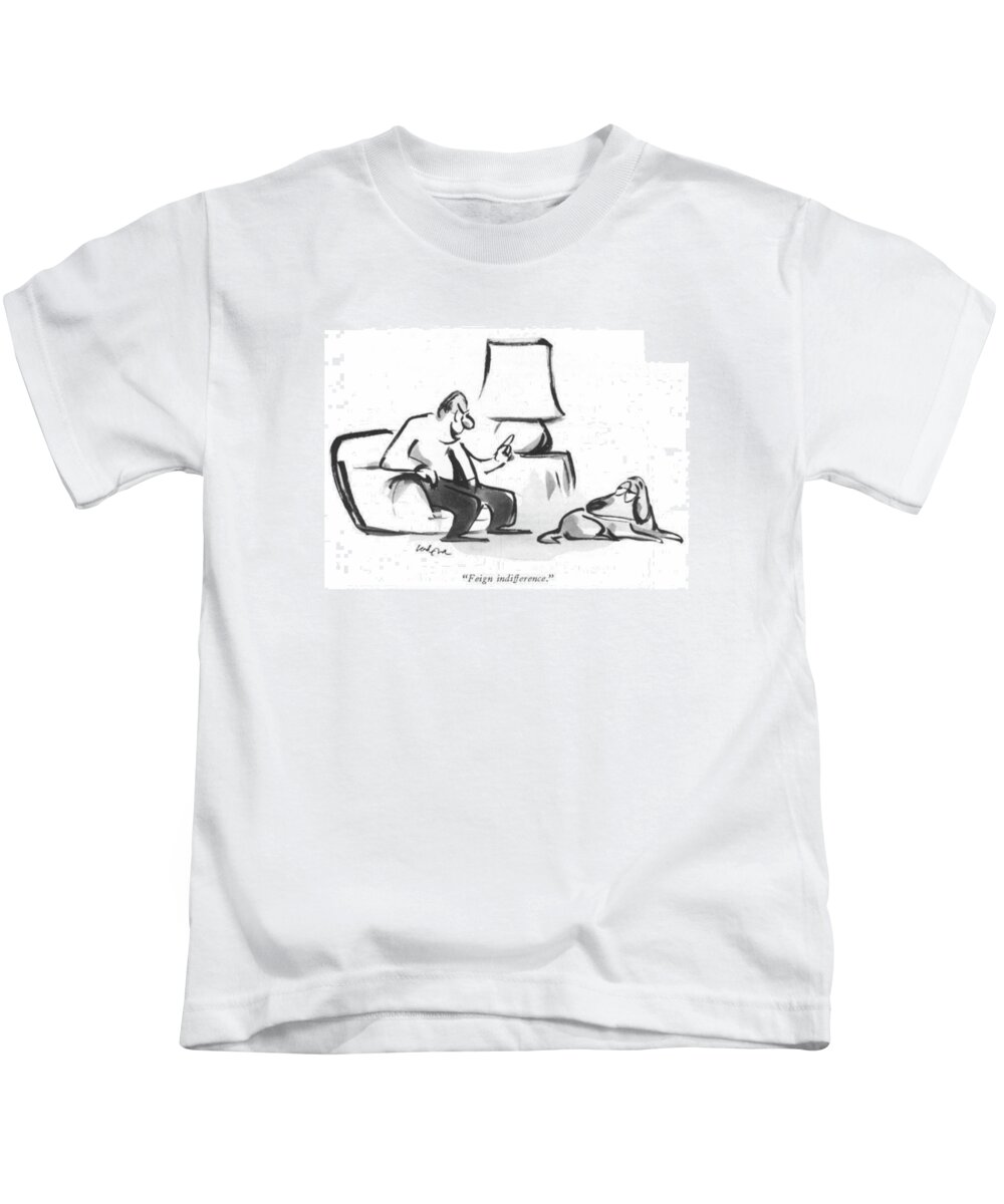 80754 Llo Lee Lorenz (dog Owner To Dog Lying At His Feet.) Animals Best Canines Command Dog Doggie Dogs Expression Facial Feet Friend Lying Man's Obedient Obey Owner Pet Pets Pooch Puppies Puppy Train Trained Training Kids T-Shirt featuring the drawing Feign Indifference by Lee Lorenz