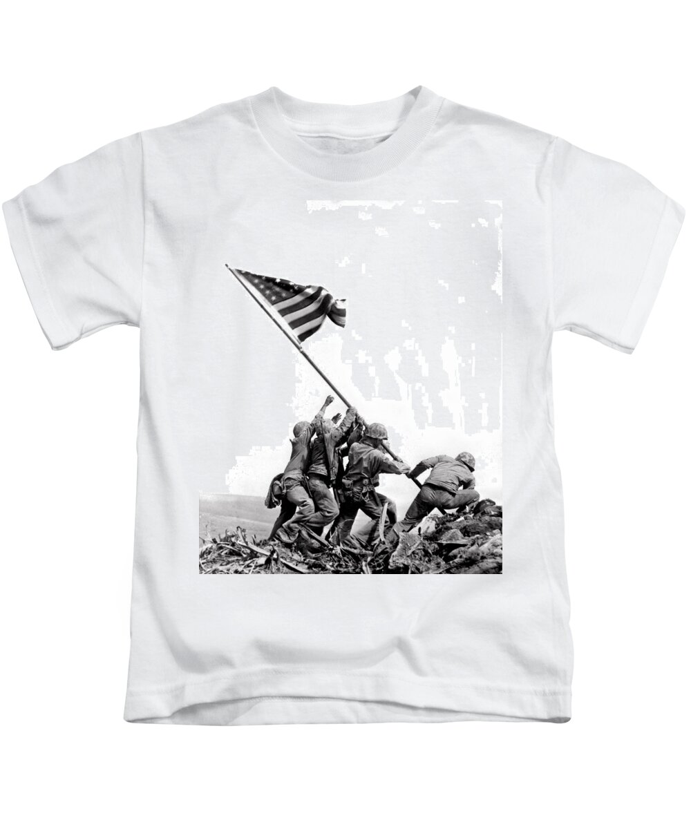 #faatoppicks Kids T-Shirt featuring the photograph Flag Raising At Iwo Jima by Underwood Archives