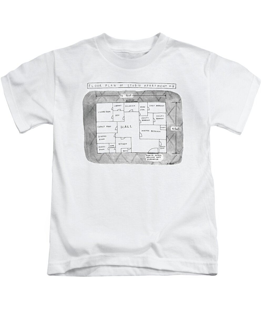 Floor Plan Of Studio Apartment R-b
No Caption
Title: Floor Plan Of Studio Apartment 8-b. Shows Elaborate Floor Plan Of Studio Apartment That Measures 9 Feet By 12 Feet And Includes: Master Bedroom Kids T-Shirt featuring the drawing Floor Plan Of Studio Apartment R-b by Roz Chast