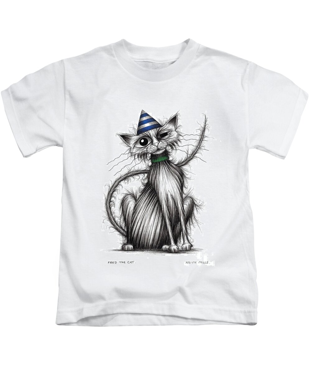 Fred Kids T-Shirt featuring the drawing Fred the cat by Keith Mills
