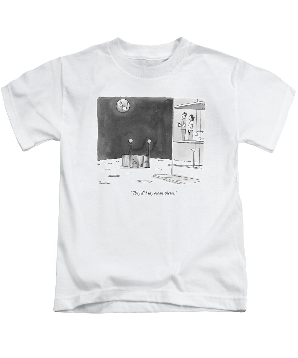 They Did Say Ocean Views. Kids T-Shirt featuring the drawing From An Apartment Window On The Moon by Charlie Hankin