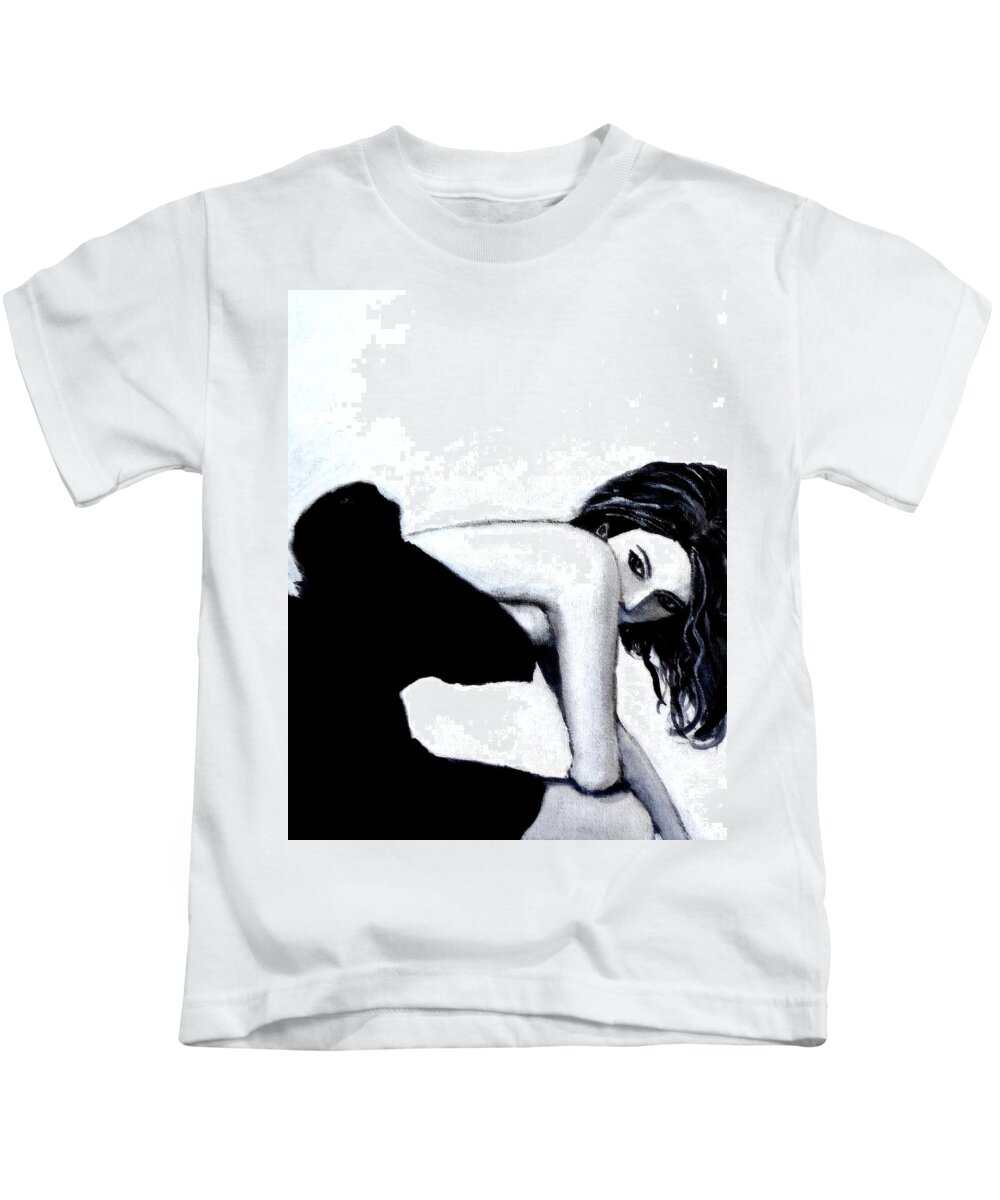 Girl Kids T-Shirt featuring the painting Gamine- French Girl in Black and White by Katy Hawk