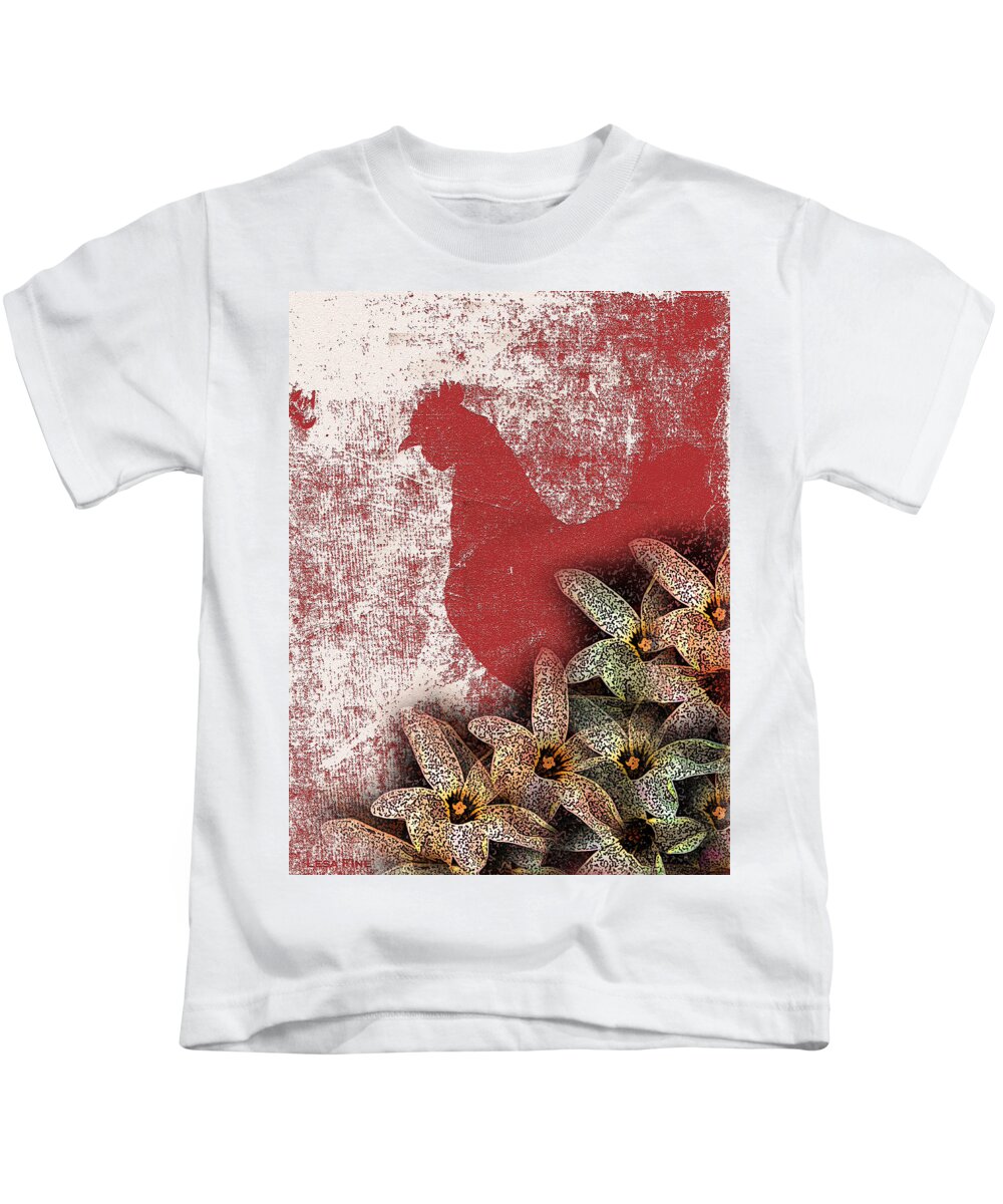 Rooster Kids T-Shirt featuring the mixed media Garden Rooster by Lesa Fine