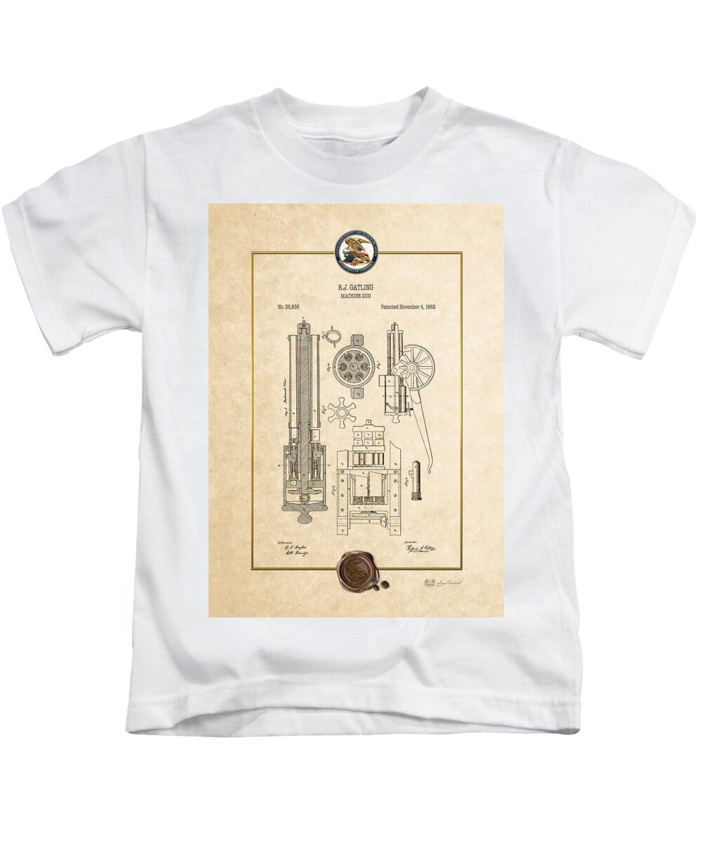 C7 Vintage Patents Weapons And Firearms Kids T-Shirt featuring the digital art Gatling Machine Gun - Vintage Patent Document by Serge Averbukh