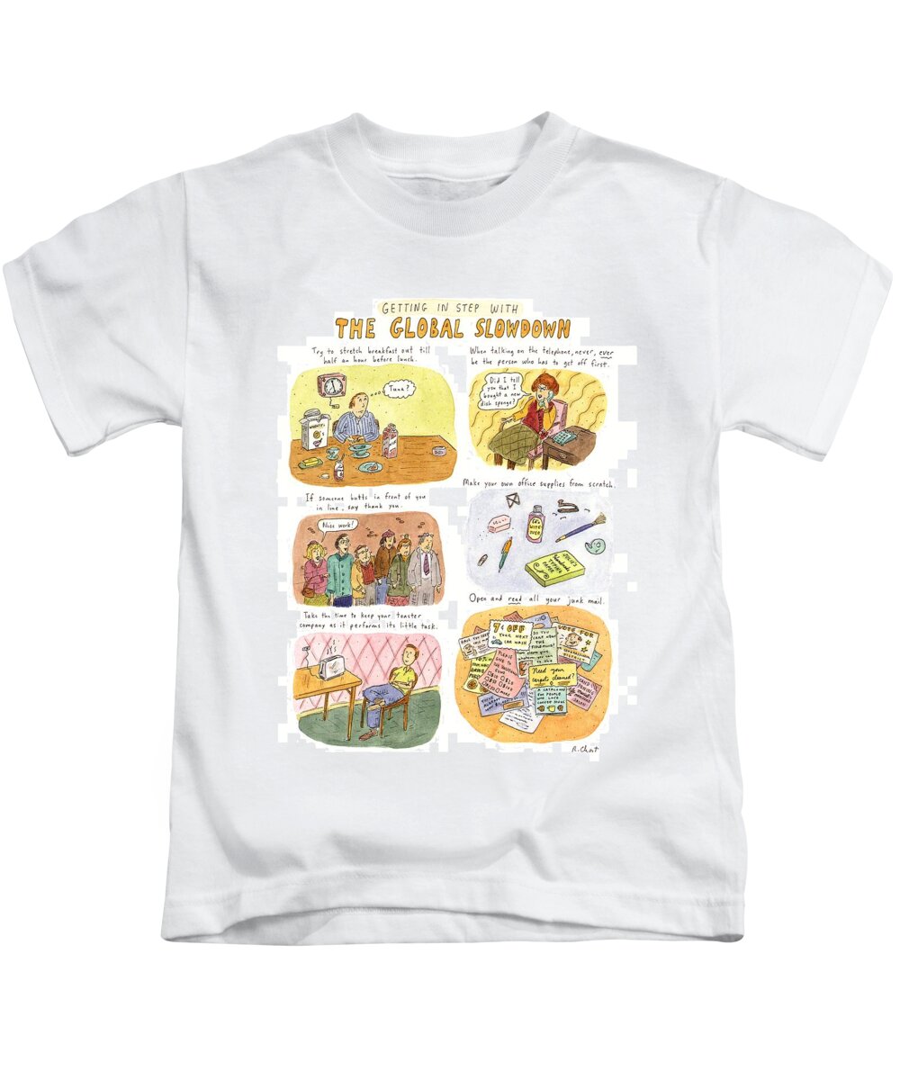 Modern Life Kids T-Shirt featuring the drawing Getting In Step With The Global Slowdown by Roz Chast