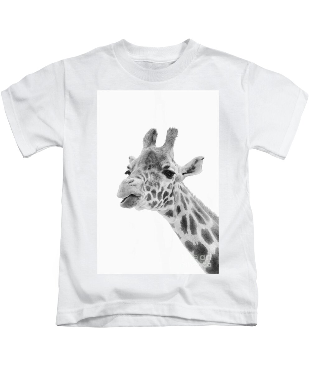 Giraffe Kids T-Shirt featuring the photograph Giraffe - mono by Steev Stamford