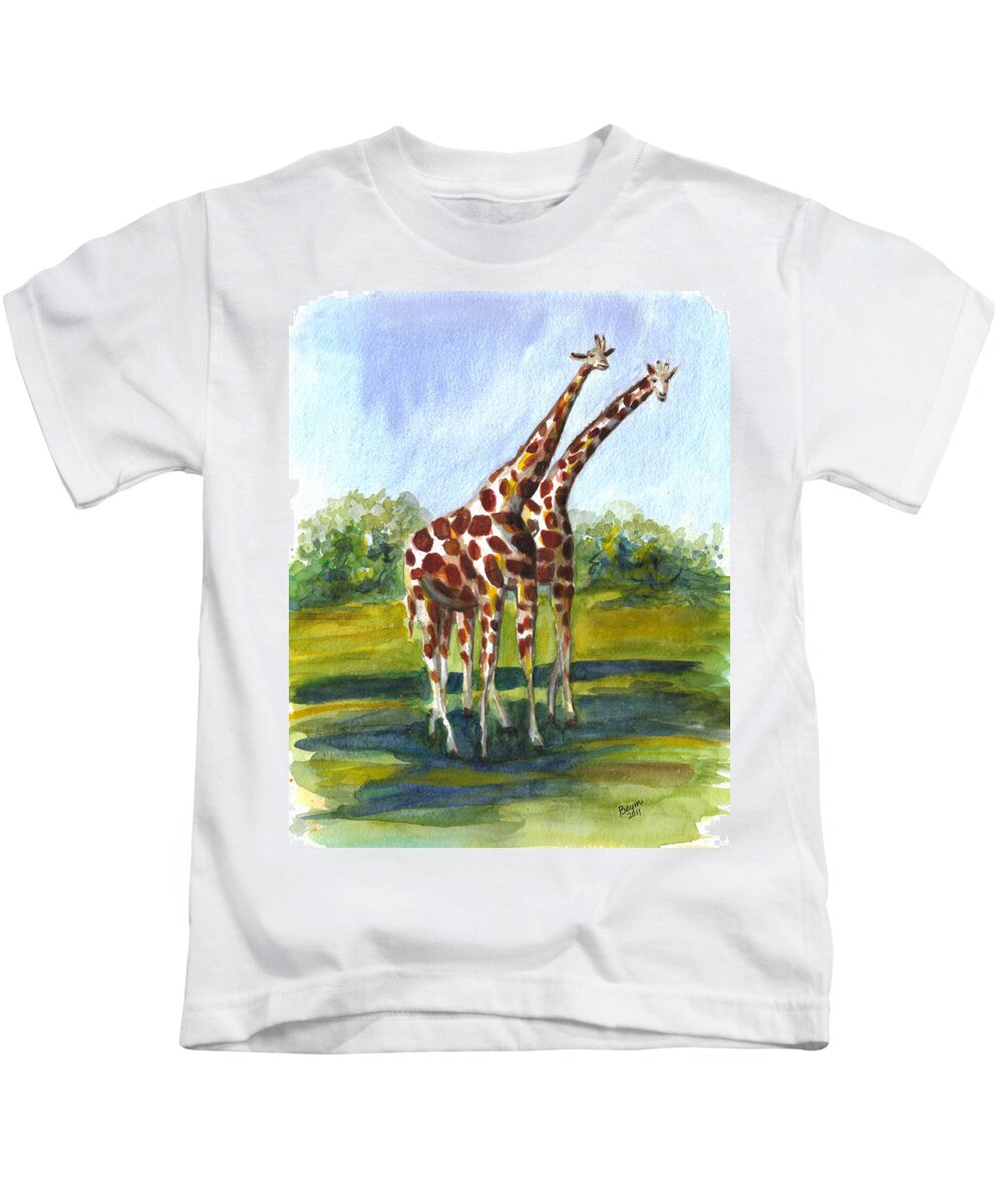 Giraffe Kids T-Shirt featuring the painting Giraffe twins by Clara Sue Beym