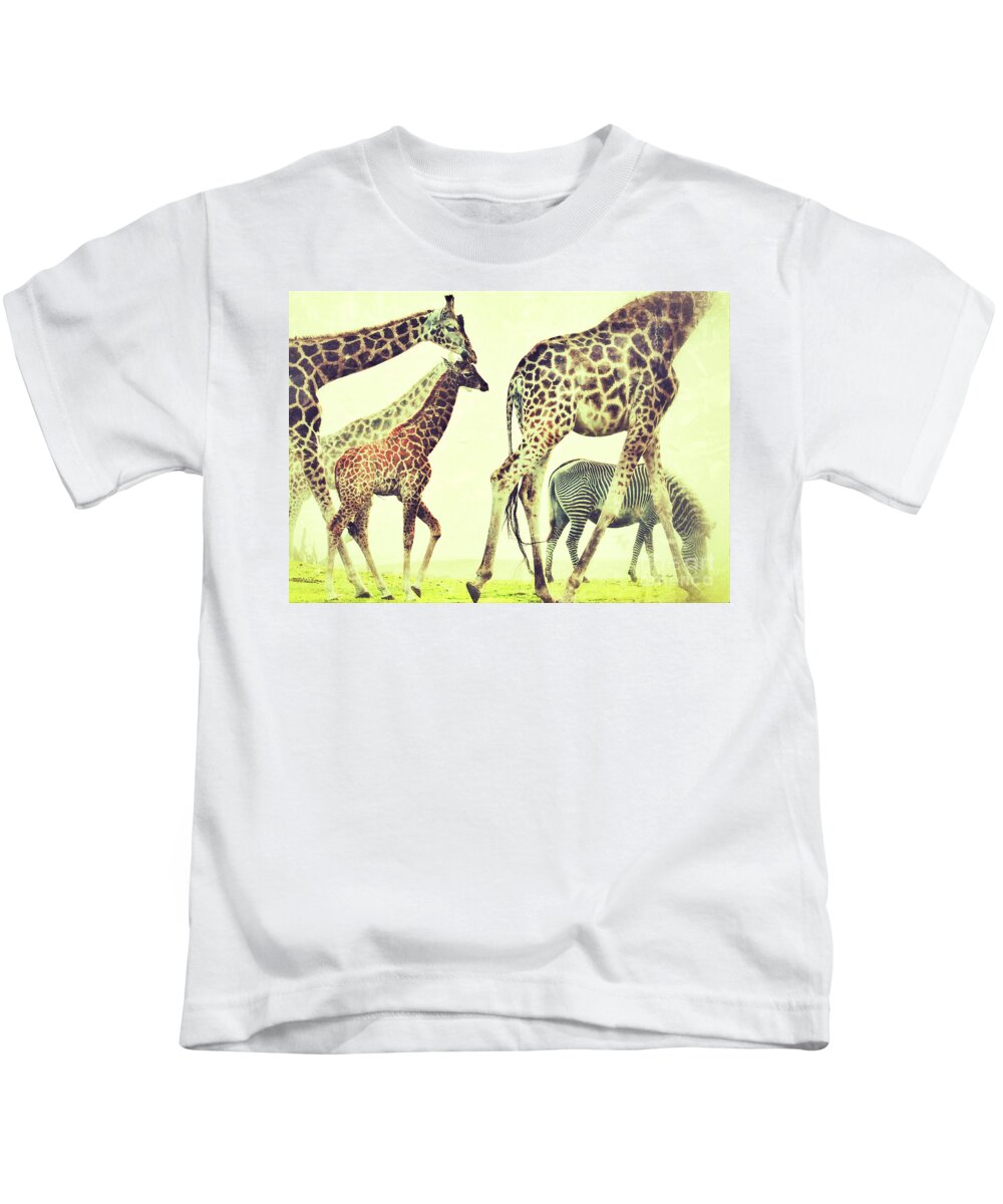 Giraffes Kids T-Shirt featuring the photograph Giraffes and a zebra in the mist by Nick Biemans