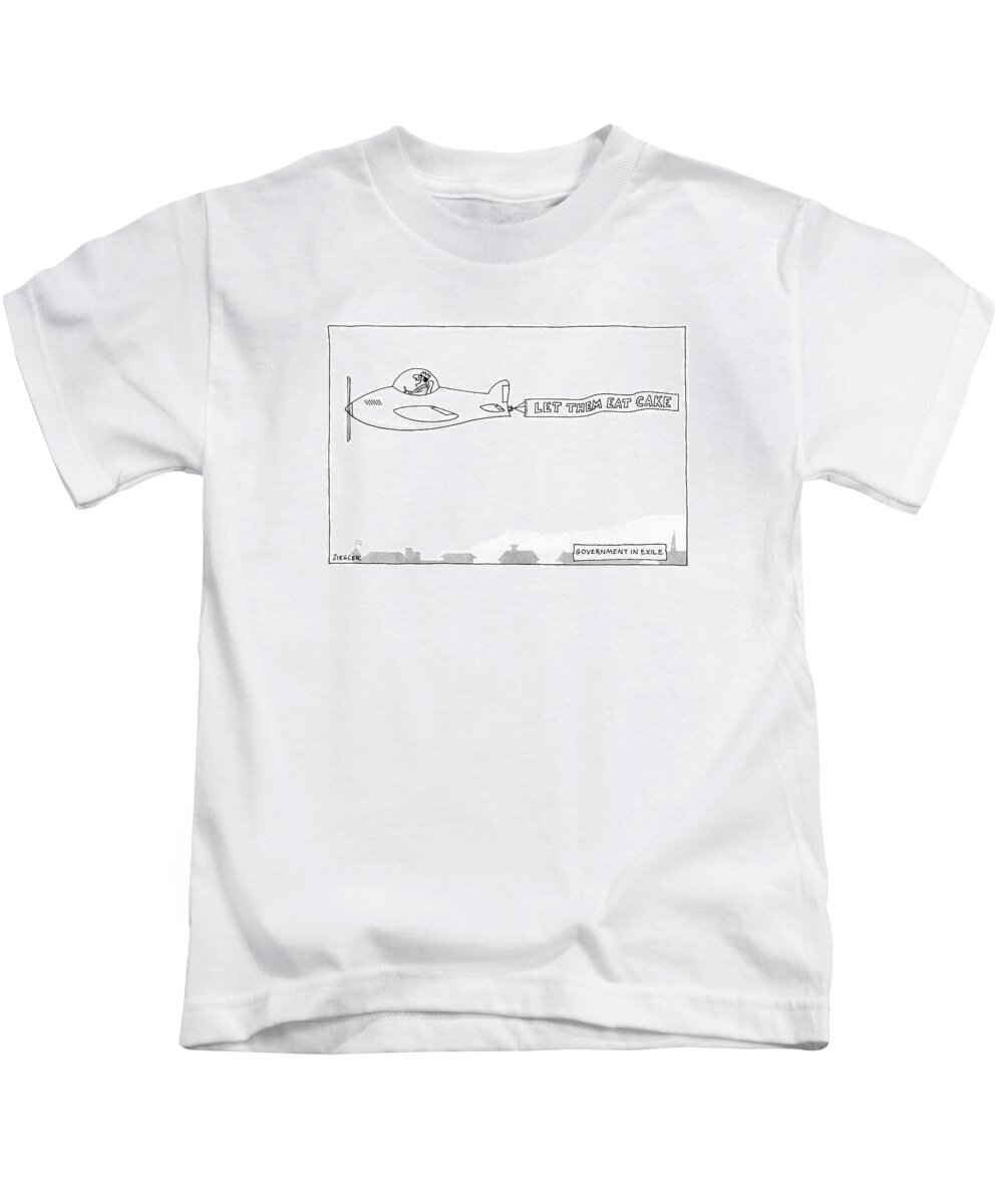 
Government In Exile: Title. A King Flies Over A Town In An Airplane Kids T-Shirt featuring the drawing Government In Exile by Jack Ziegler