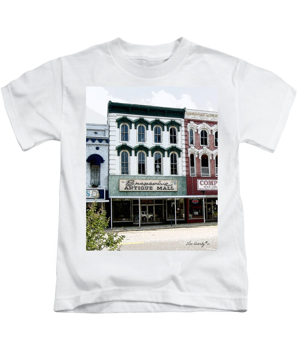Windows On The Square Kids T-Shirt featuring the photograph Grapevine Antiques by Lee Owenby