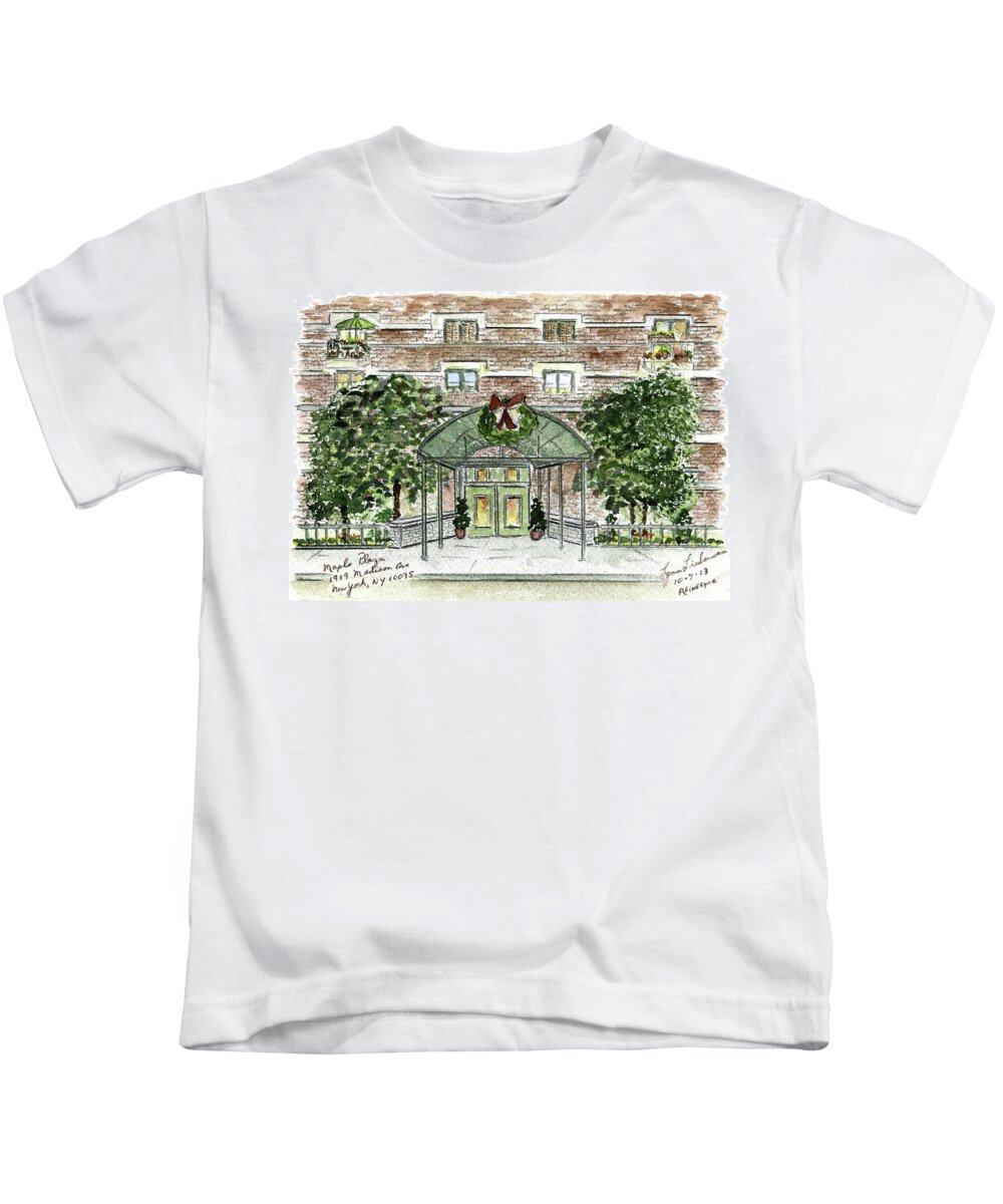 Holiday Card Kids T-Shirt featuring the painting Happy Holidays at 1919 Madison Avenue in Harlem by AFineLyne