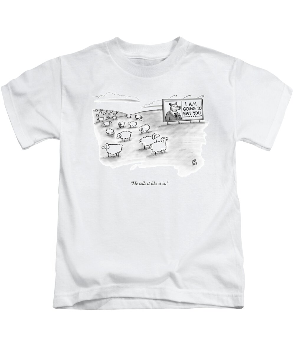 Sheep Kids T-Shirt featuring the drawing He Tells It Like It Is by Paul Noth