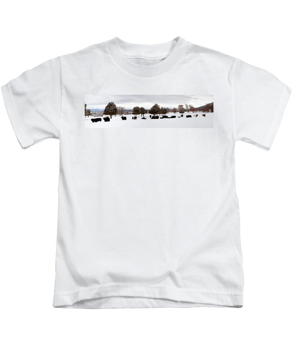 Photography Kids T-Shirt featuring the photograph Herd Of Yaks Bos Grunniens On Snow by Panoramic Images