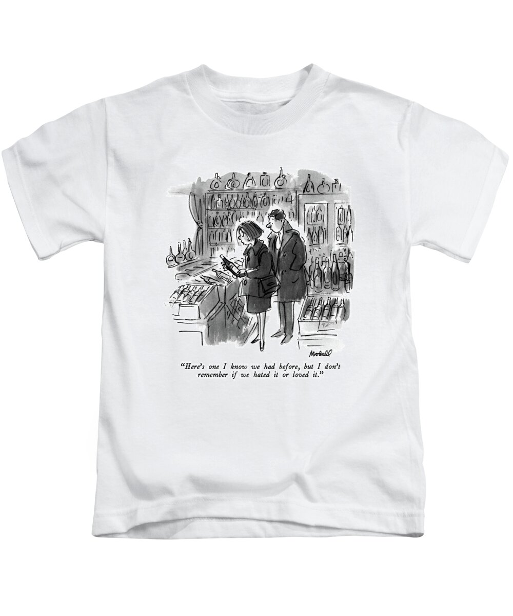 

 Woman To Man In Wine Shop. 
Wine Kids T-Shirt featuring the drawing Here's One I Know by Frank Modell