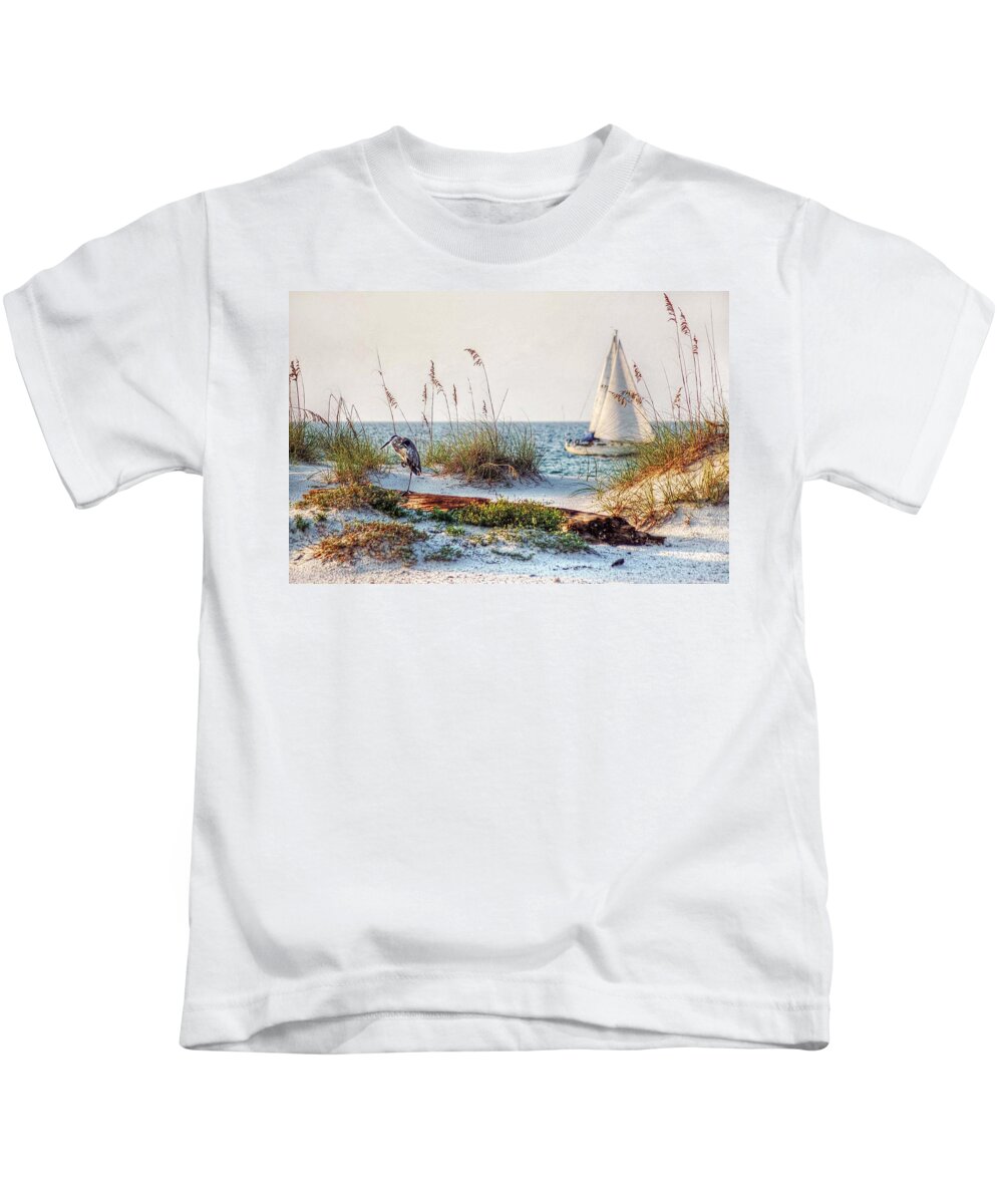 Alabama Kids T-Shirt featuring the photograph Heron and Sailboat Larger Sizes by Michael Thomas
