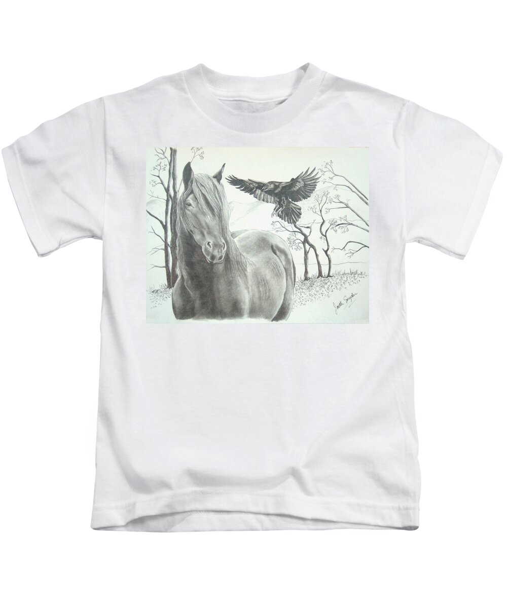 Horse Prints Kids T-Shirt featuring the drawing Hitch'N a Ride by Joette Snyder