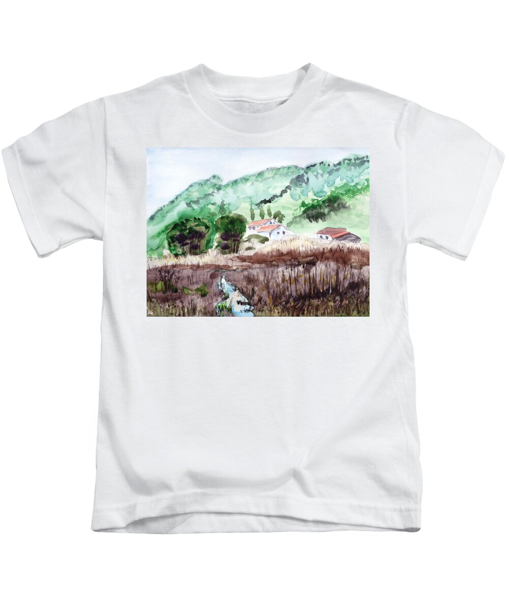 House Kids T-Shirt featuring the painting Houses In The Valley by Masha Batkova