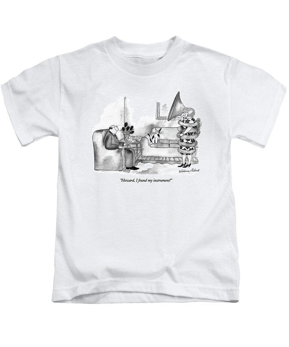 

 Woman Wrapped In A Tuba Exclaims To Her Husband Who Is Sitting In Their Living Room. 
Instrument Kids T-Shirt featuring the drawing Howard, I Found My Instrument! by Victoria Roberts