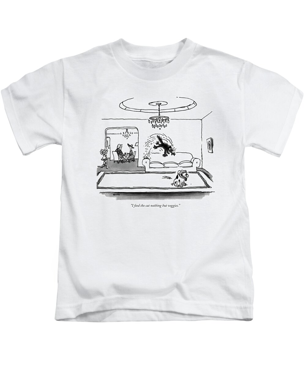 
(a Crazed Cat Is About To Land On An Unsuspecting Dog.)
Animals Kids T-Shirt featuring the drawing I Feed The Cat Nothing But Veggies by George Booth