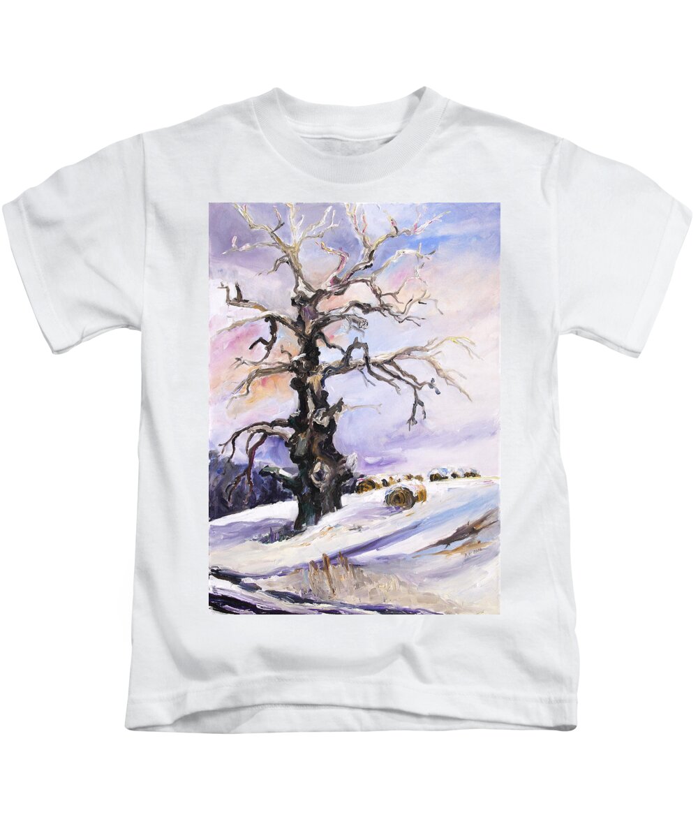 Landscape Kids T-Shirt featuring the painting I Have Got Stories To Tell Old Oak Tree In Mecklenburg Germany by Barbara Pommerenke