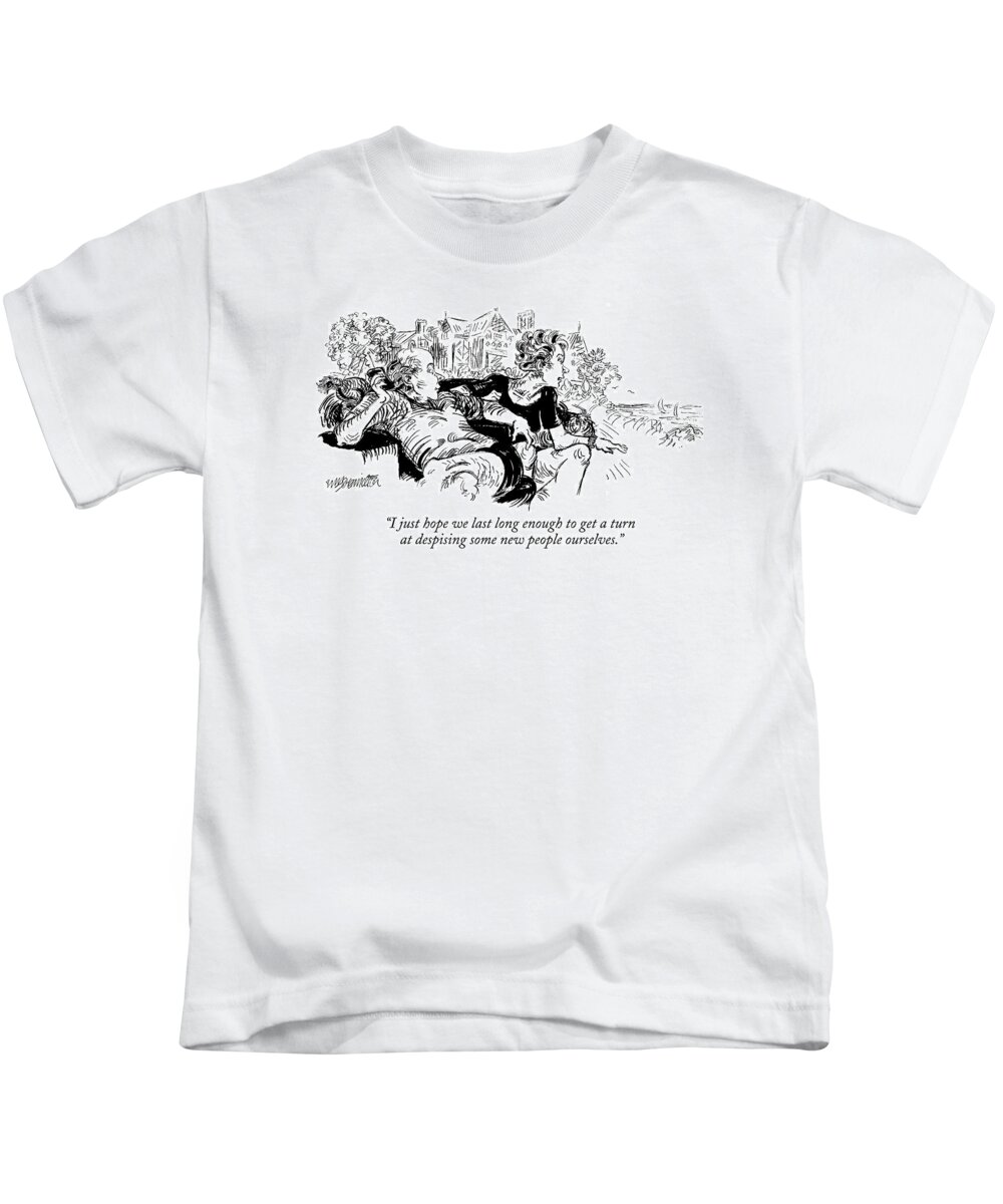 Country Clubs Kids T-Shirt featuring the drawing I Just Hope We Last Long Enough To Get A Turn by William Hamilton