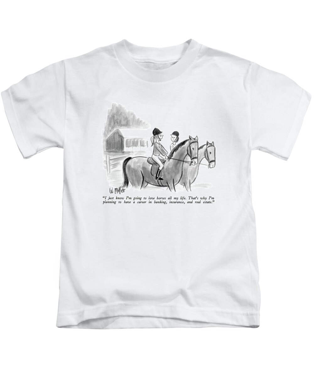 

 Two Girls Talking Together On Horseback. 
Modern Life Kids T-Shirt featuring the drawing I Just Know I'm Going To Love Horses All My Life by Warren Miller