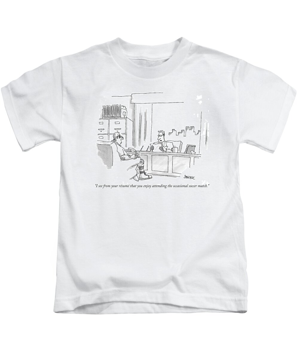 Resumes Kids T-Shirt featuring the drawing I See From Your Resume That You Enjoy Attending by Jack Ziegler