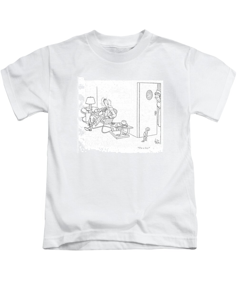 112822 Gpr George Price Infant Walks Into Waiting Room And Speaks To Father. Boys Child Childhood Children Deliver Delivery Development Families Family Father Girl Girls Infant Into Kid Kids Little Newborn Nurse Nursery Parenting Parents Rearing Room Speaks Waiting Walks Youth Kids T-Shirt featuring the drawing I'm A Boy by George Price