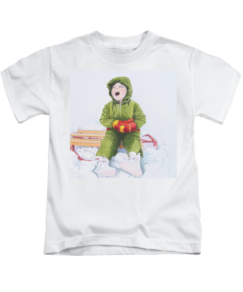 Green Kids T-Shirt featuring the mixed media I'm Cooold by Constance Drescher