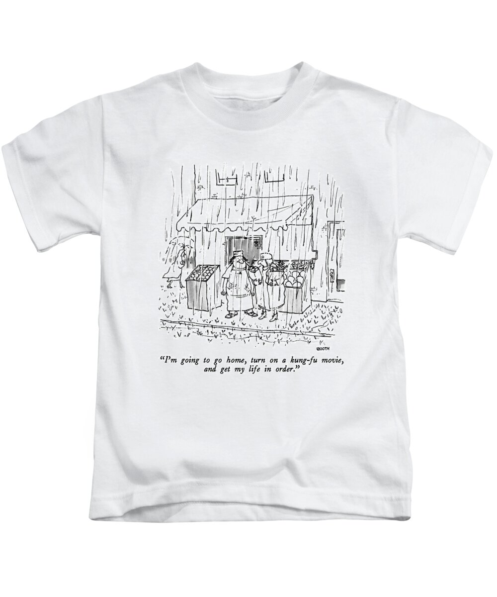 

 Middle-aged Lady Says To Her Grocer. They Stand Beneath The Store's Awning While It Rains Her Arms Are Full Of Groceries. Movies Kids T-Shirt featuring the drawing I'm Going To Go Home by George Booth