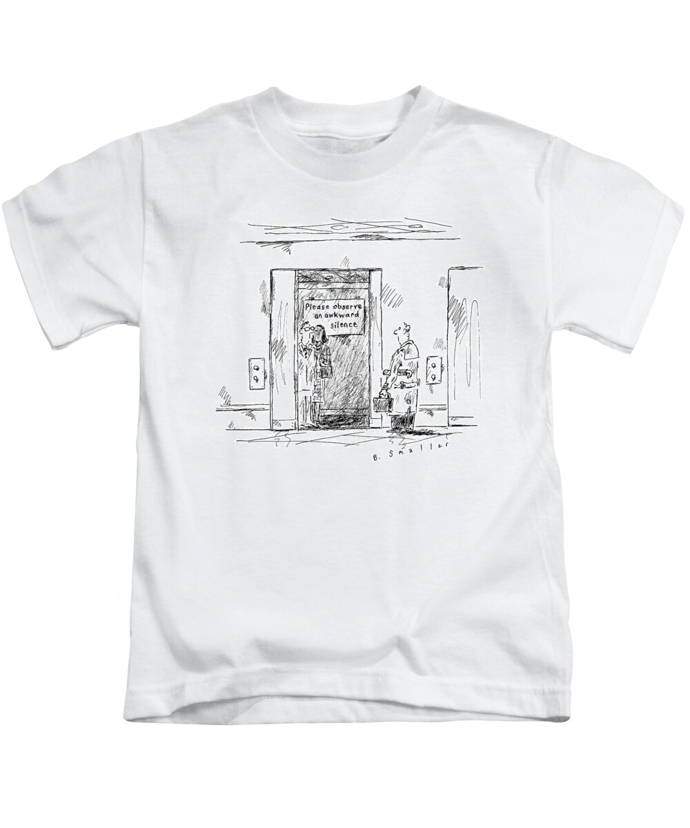 Captionless Elevator Kids T-Shirt featuring the drawing In An Elevator A Sign Reads by Barbara Smaller