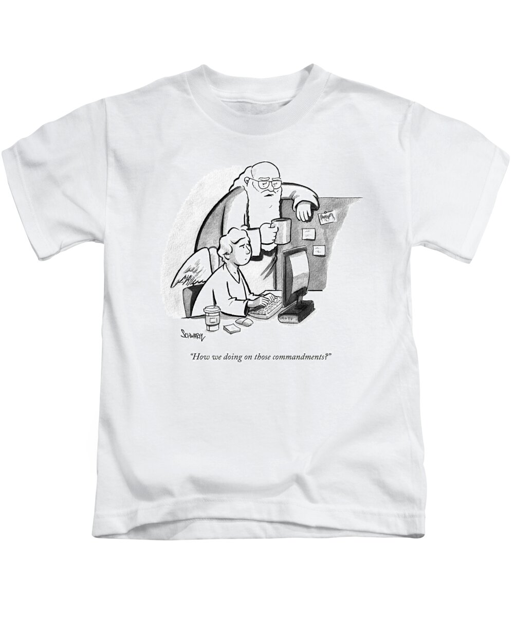 Office Kids T-Shirt featuring the drawing In An Office Cubicle by Benjamin Schwartz