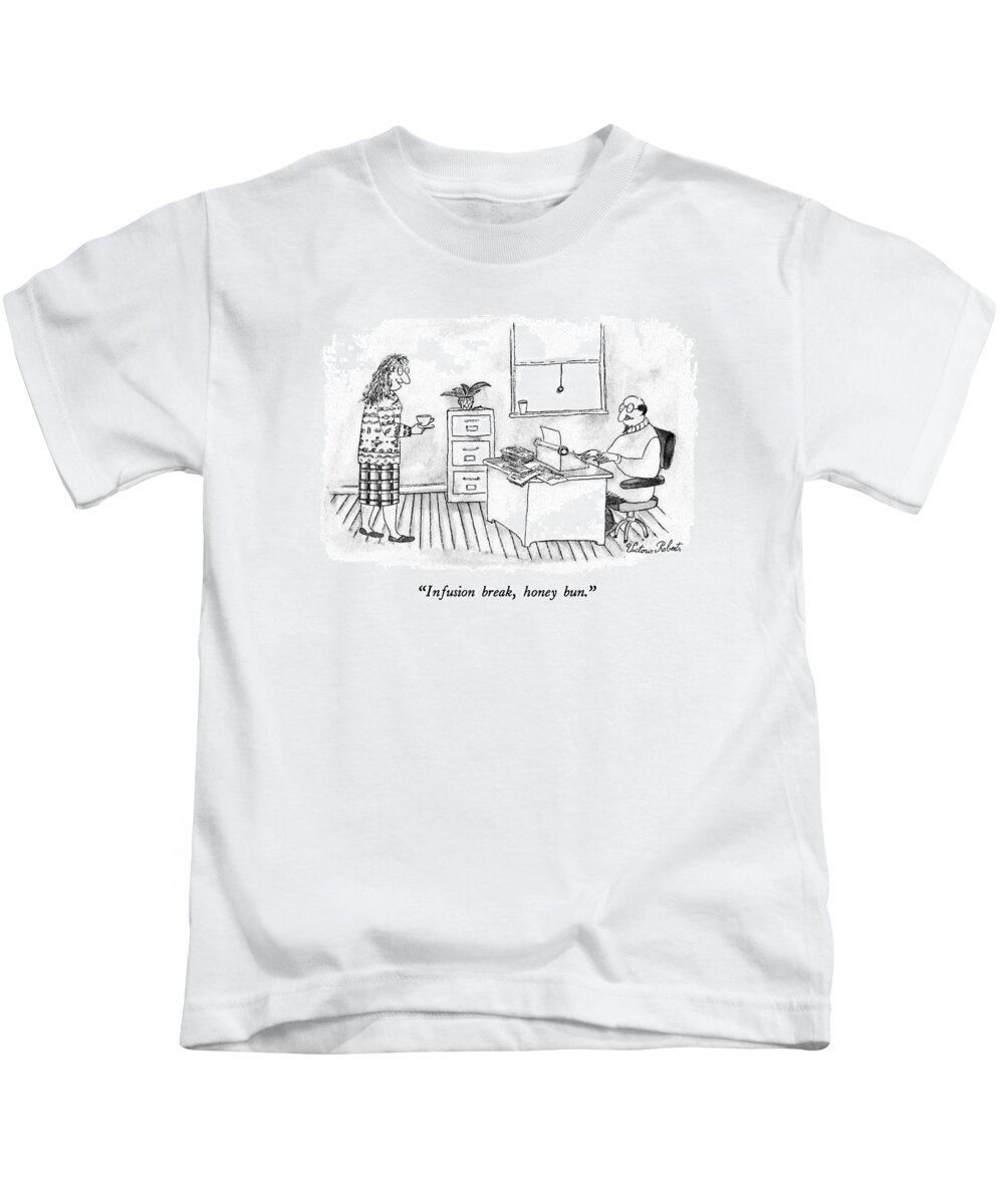 

 Woman With Teacup To Writer At Typewriter. 
Marriage Kids T-Shirt featuring the drawing Infusion Break by Victoria Roberts