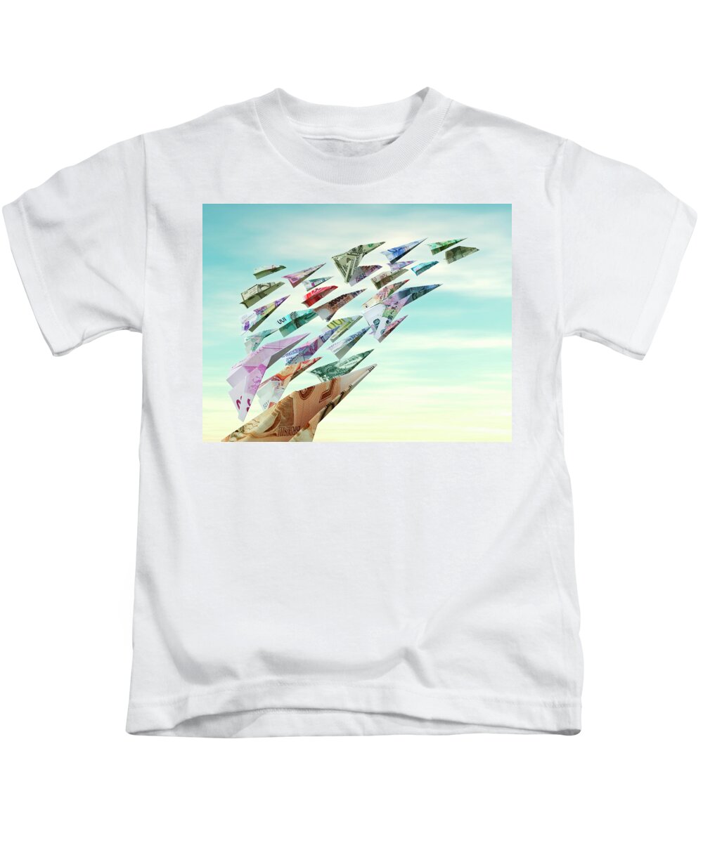 Abundance Kids T-Shirt featuring the photograph International Currency Flying As Money by Ikon Ikon Images