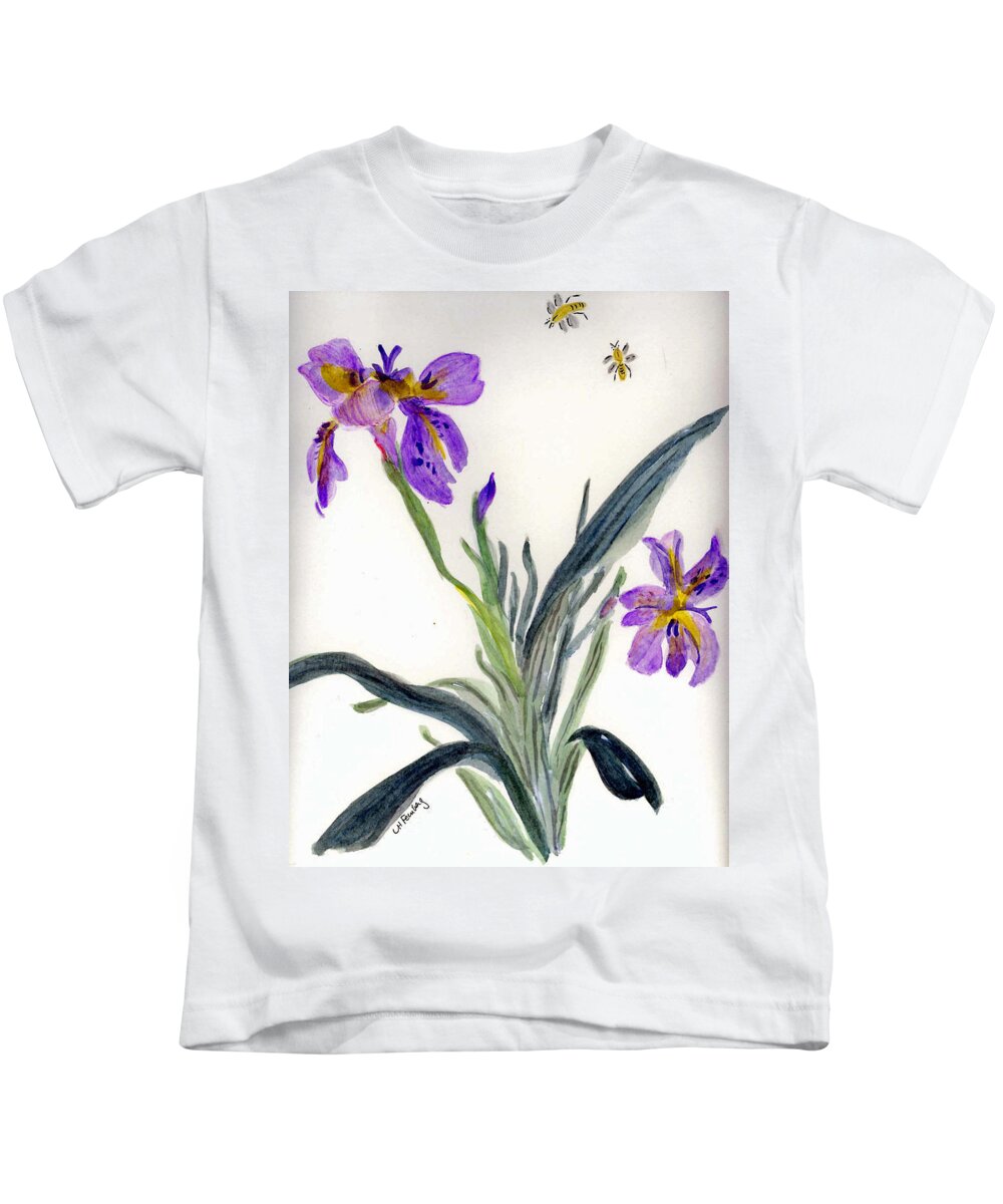 Flowers Kids T-Shirt featuring the painting Iris with two bees by Linda Feinberg