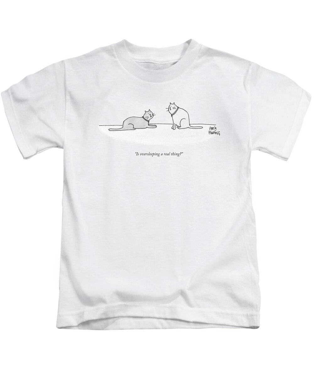 Cat Kids T-Shirt featuring the drawing Is Oversleeping A Real Thing? by Amy Hwang