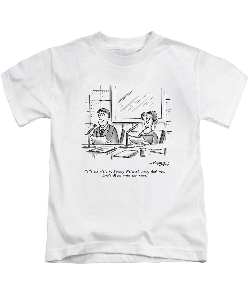 

 Young Man Into Microphone As Mom Sits Next To Him Kids T-Shirt featuring the drawing It's Six O'clock by Henry Martin