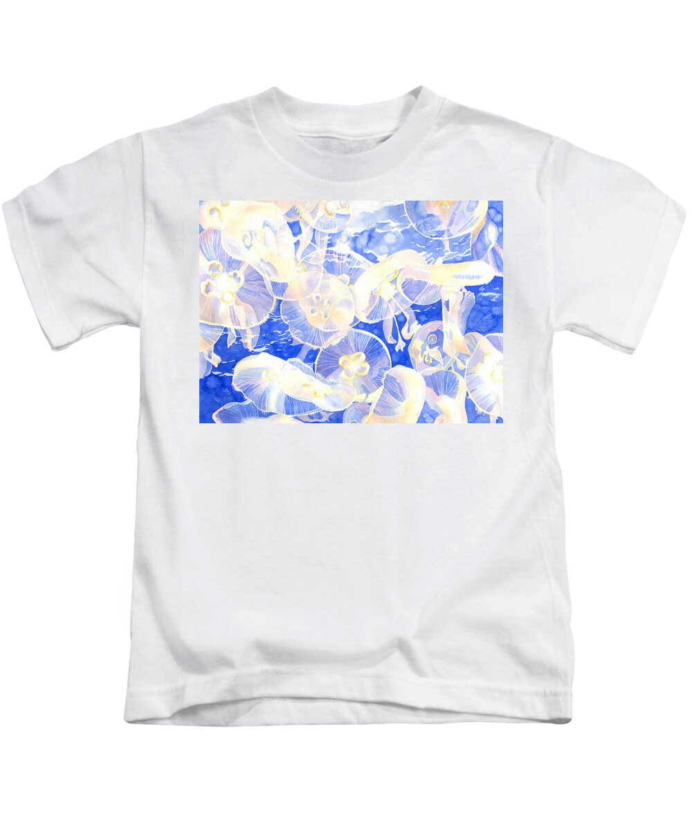 Moon Jellyfish Kids T-Shirt featuring the painting Jellyfish Jubilee by Pauline Walsh Jacobson