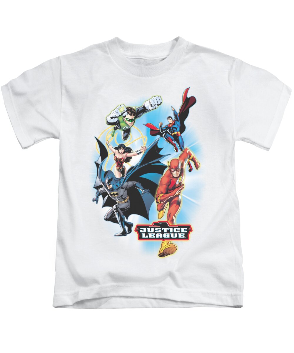 Justice League Of America Kids T-Shirt featuring the digital art Jla - At Your Service by Brand A