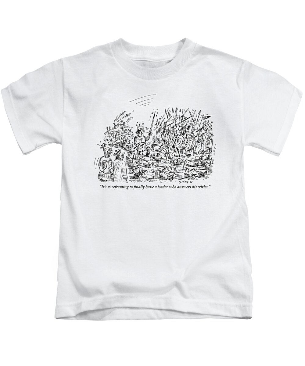 Royalty Kids T-Shirt featuring the drawing King Stands With Bloodied Sword And Ax On Top by David Sipress