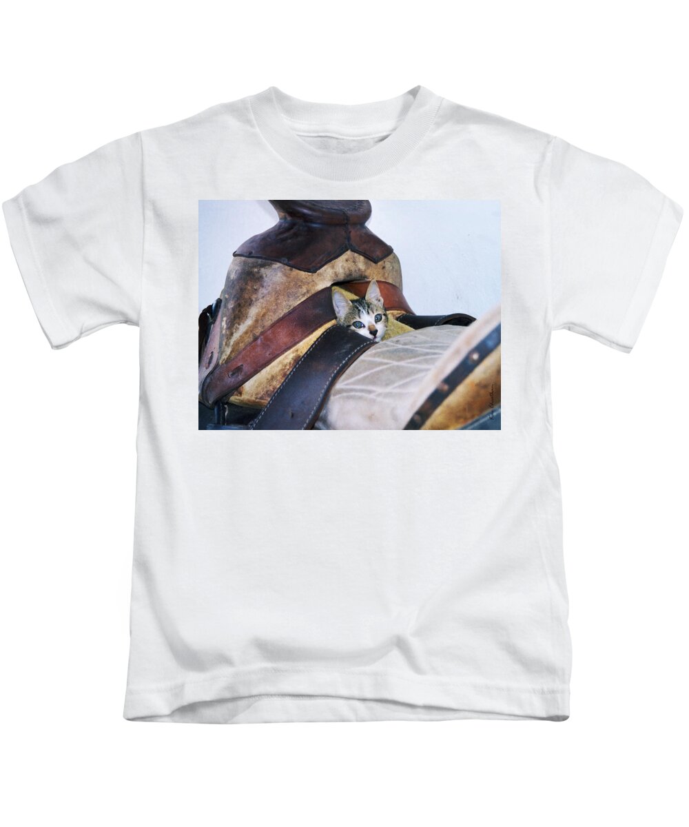 Cat Kids T-Shirt featuring the photograph Kitty in the Saddle by Kae Cheatham