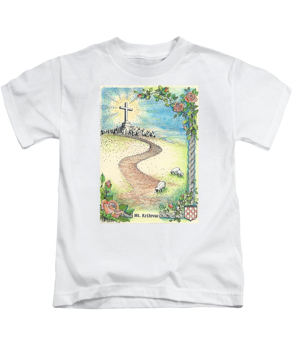 Sarcevic Kids T-Shirt featuring the drawing Krizevac - Cross Mountain by Christina Verdgeline