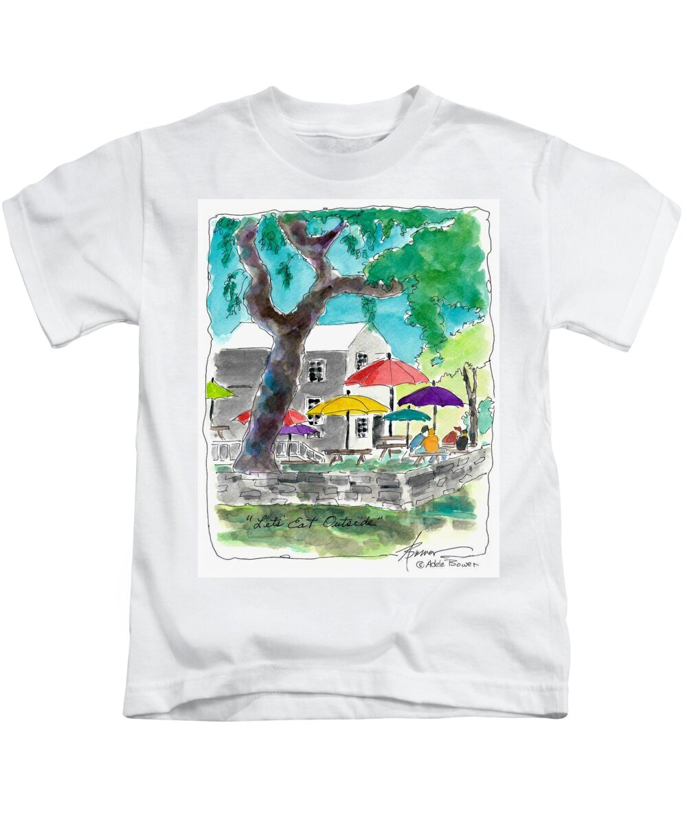 Outdoors Kids T-Shirt featuring the painting Let's Eat Outside by Adele Bower