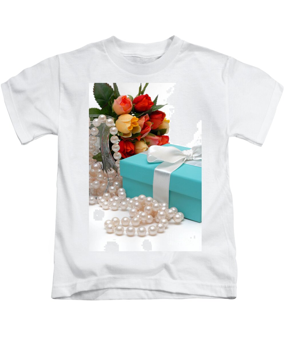 Anniversary Kids T-Shirt featuring the photograph Little Blue Gift Box with Pearls and Flowers by Amy Cicconi