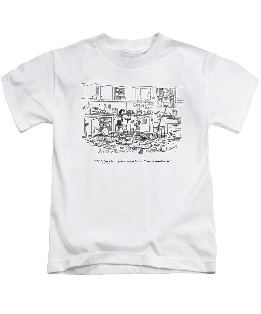 Recipes Kids T-Shirt featuring the drawing Little Girl Handing A Little Boy A Sandwich by Tom Cheney