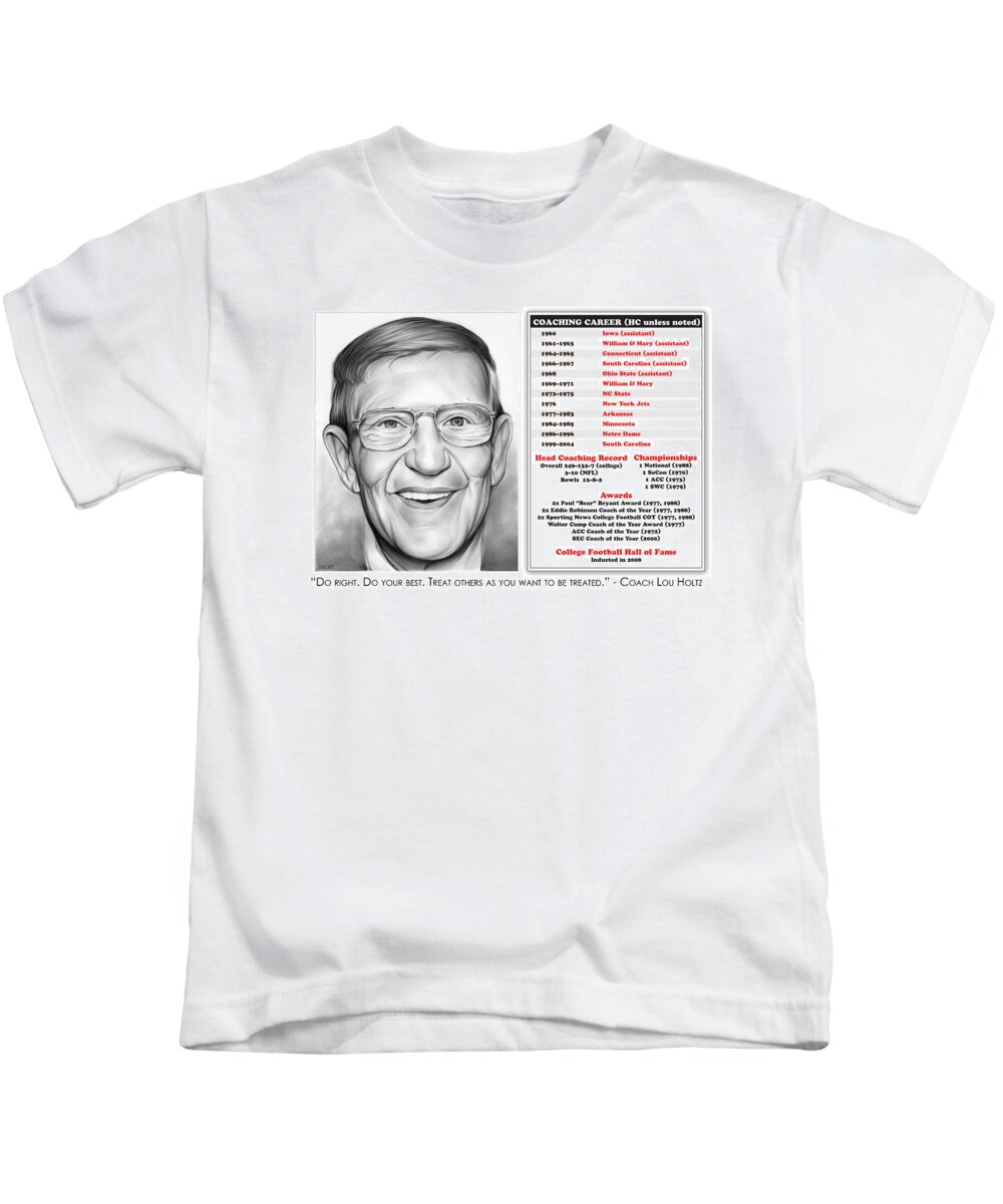 Football Coach Lou Holtz Career Statistics Kids T-Shirt featuring the mixed media Lou Holtz by Greg Joens