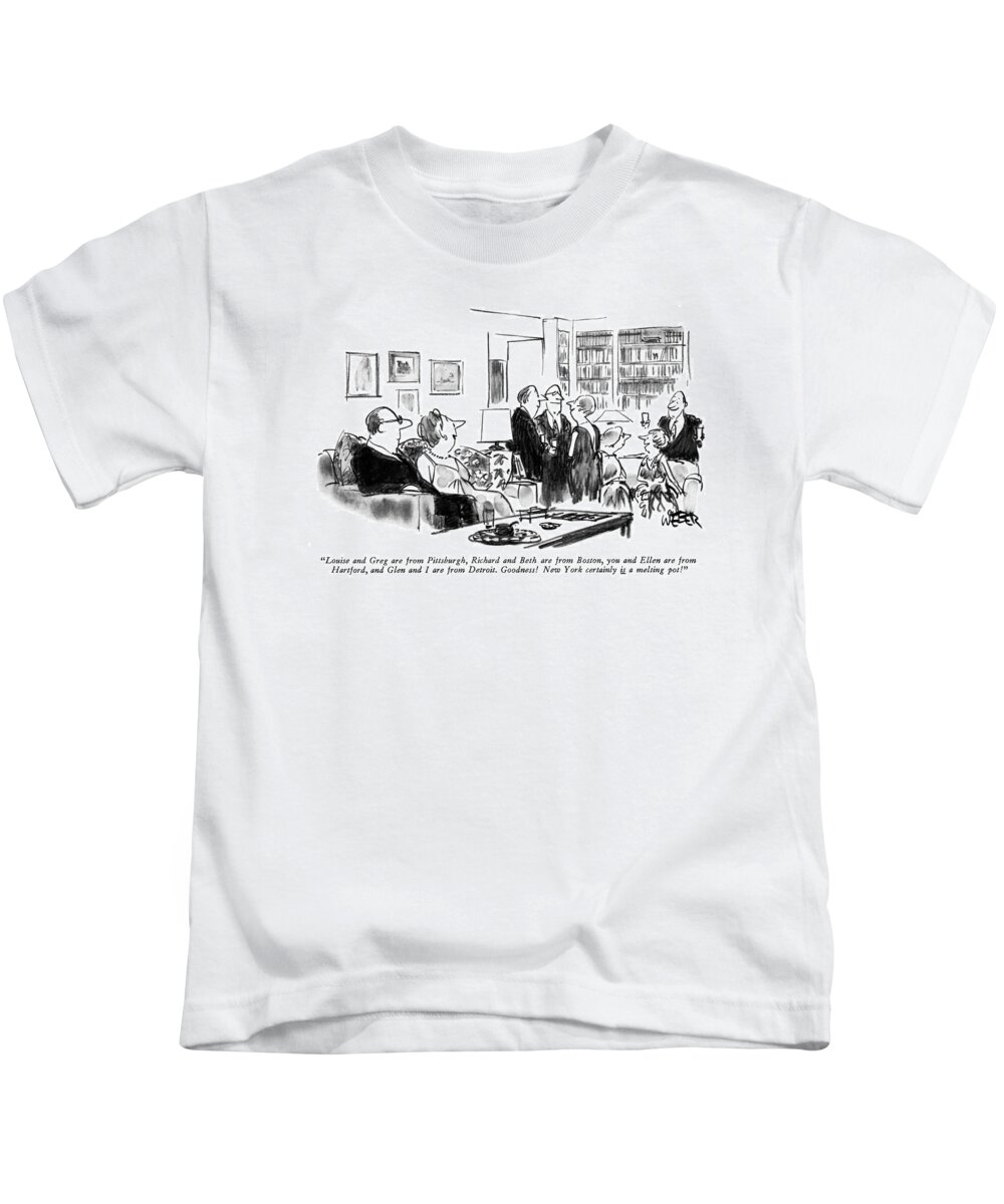 
Cocktail Party. Regional Urban New York City Nyc Manhattan Neighborhoods Social Gatherings Events Socializing Introductions Mingling Leisure Diversity Drs 68088 Rwe Robert Weber Kids T-Shirt featuring the drawing Louise And Greg Are From Pittsburgh by Robert Weber