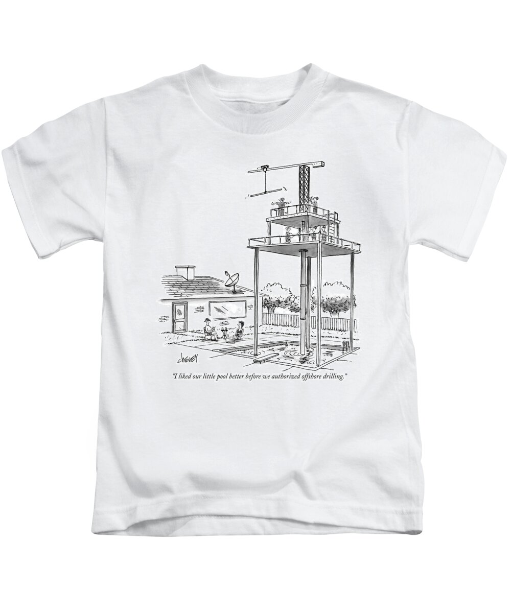 Oil Kids T-Shirt featuring the drawing Man And Woman Sitting In Their Backyard by Tom Cheney